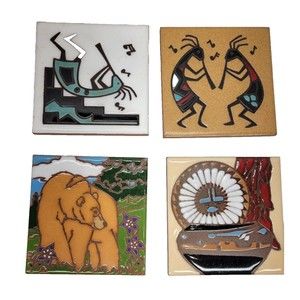 VTG Cleo Teissedre and Earthtones Ceramic Tile Southwest Coasters Hand Painted